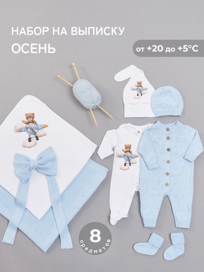 Готовая выписка вязаный набор (голубой) и трикотажный набор "Мишка пилот"