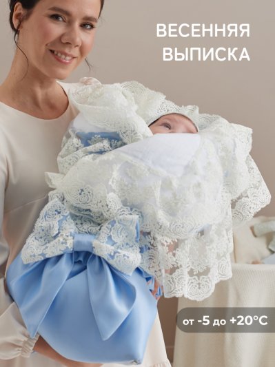 Конверт-одеяло на выписку "Милан" (голубой с молочным кружевом) 