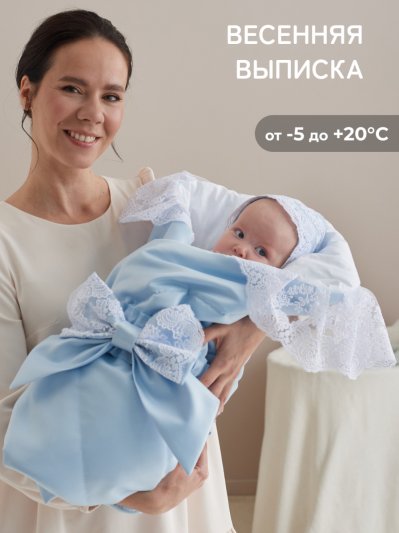 Конверт-одеяло на выписку "Неаполь" (голубой с молочным кружевом)